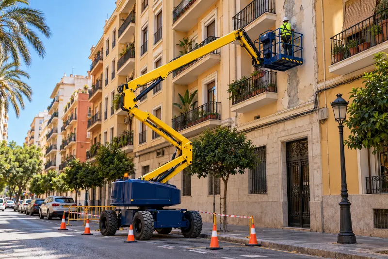 Plataforma articulada trabajando en la fachada de un edificio de Valencia