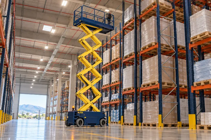 Plataforma de tijera eléctrica en una nave logística